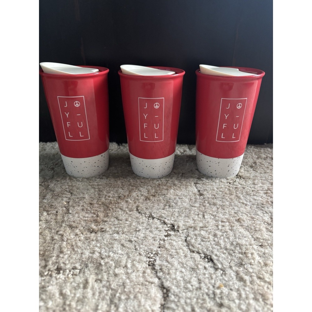 Lot of 3 Starbucks 2017 Holiday JOY-FULL Red Ceramic Travel Mug Tumbler Lid 12oz
